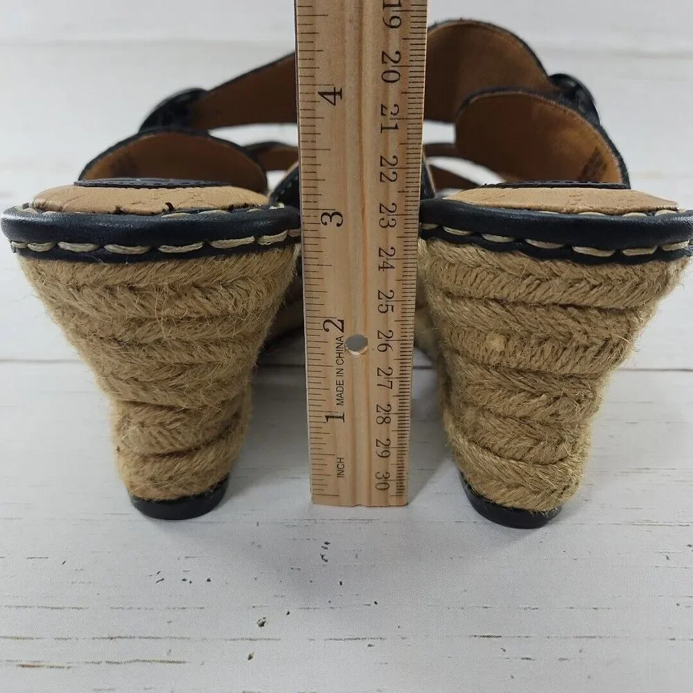 Born Boc Wedge‎ Sandals Womens 7 Black Leather Comfort Espadrille Strappy Shoe
